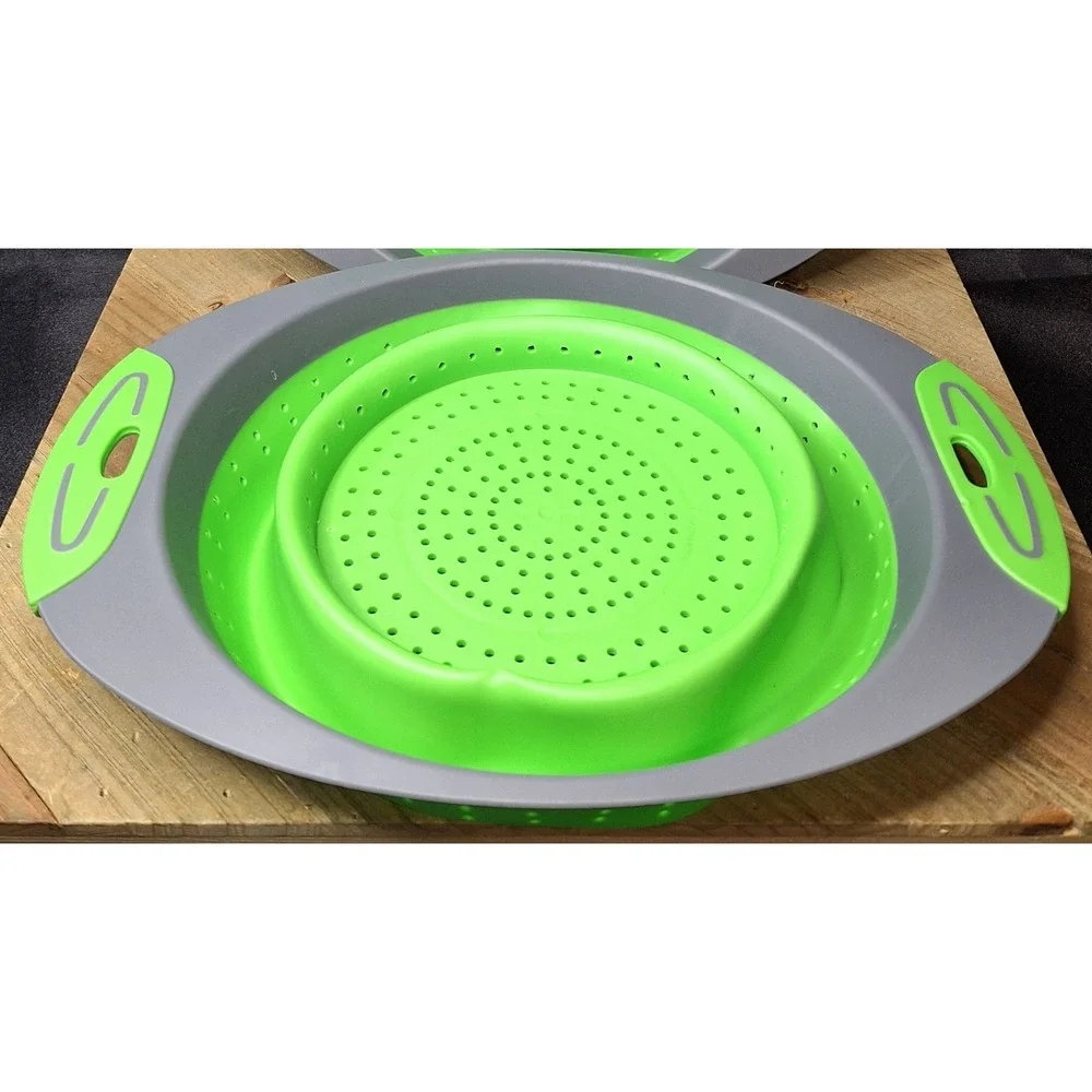 Collapsible Silicone Colander  Piece Green Grey Round Folding Strainers 3.5 qt.